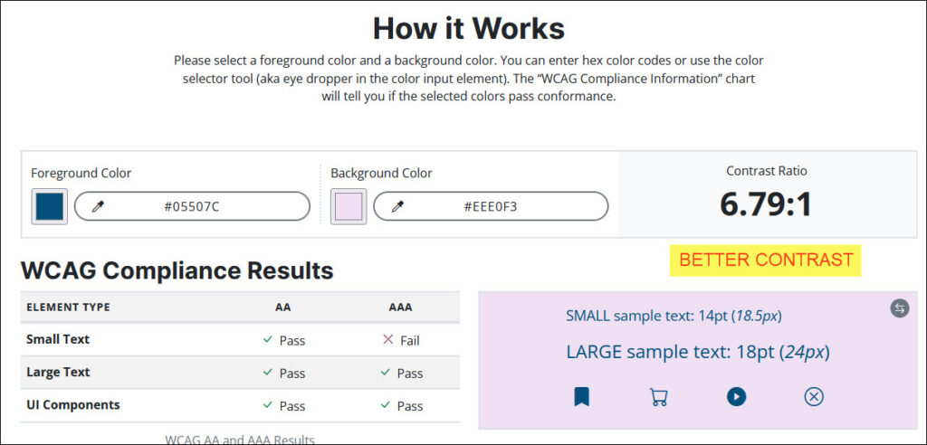 Text and background color checker, contrast ratio 6.79 to 1