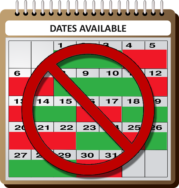Calendar with red and green color blocks to indicate availability, overlaid with NO circle