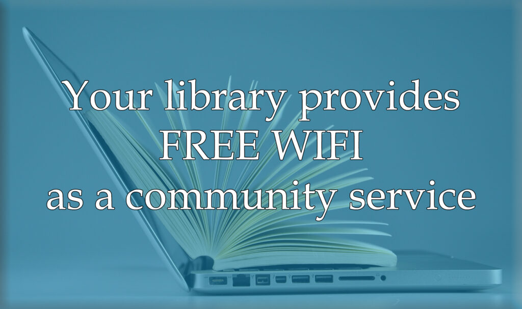 Open book on laptop; the library provides free wifi